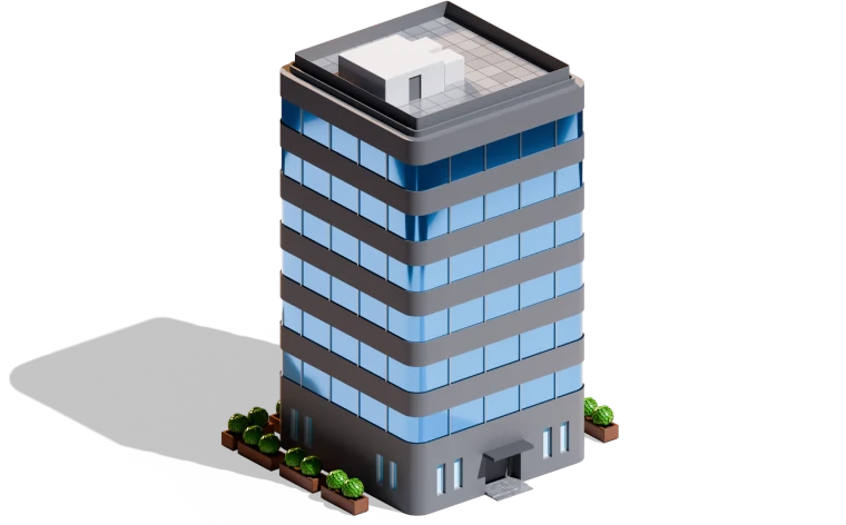 Modern multi-story office building with reflective blue windows and rooftop equipment, surrounded by small green bushes in planters, set against a neutral background, conveying a professional and urban atmosphere
